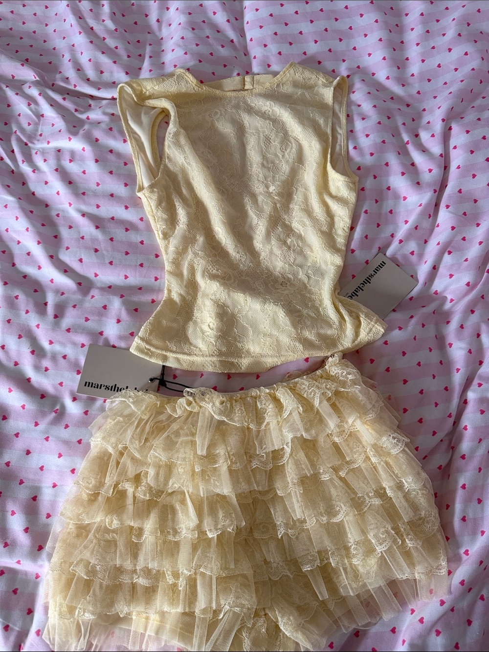 Cream Lace Peplum Top and Ruffled Tulle Skirt Set